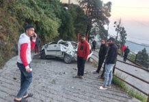 अनियंत्रित होकर खाई में गिरी कार, बाल-बाल बचा चालक Car lost control and fell into a ditch