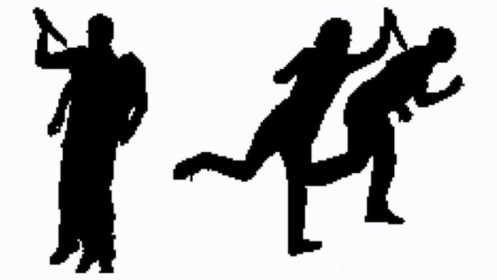 Young man and woman stab each other with a knife