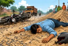 सड़क पर फैलाई गई रेत-बजरी पर बाइक फिसलने से एक की मौत One killed after bike skids on sand and gravel