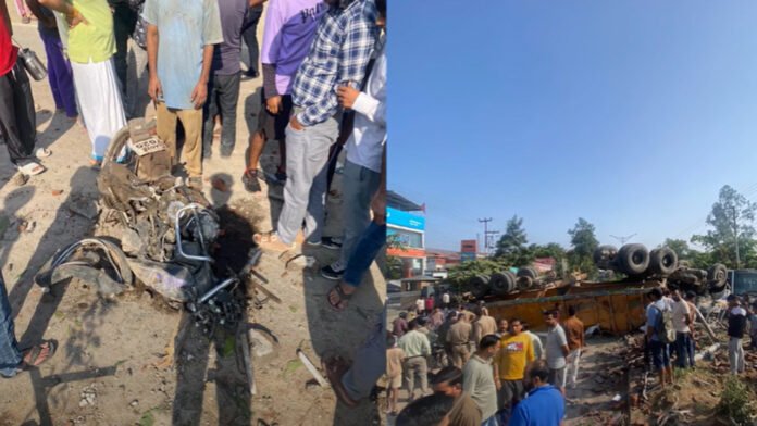 Cement-laden truck overturns in Mohabbewala